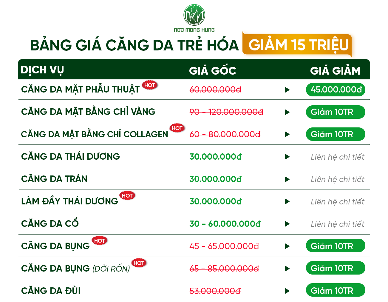 Bảng Giá Căng Da Trẻ Hóa